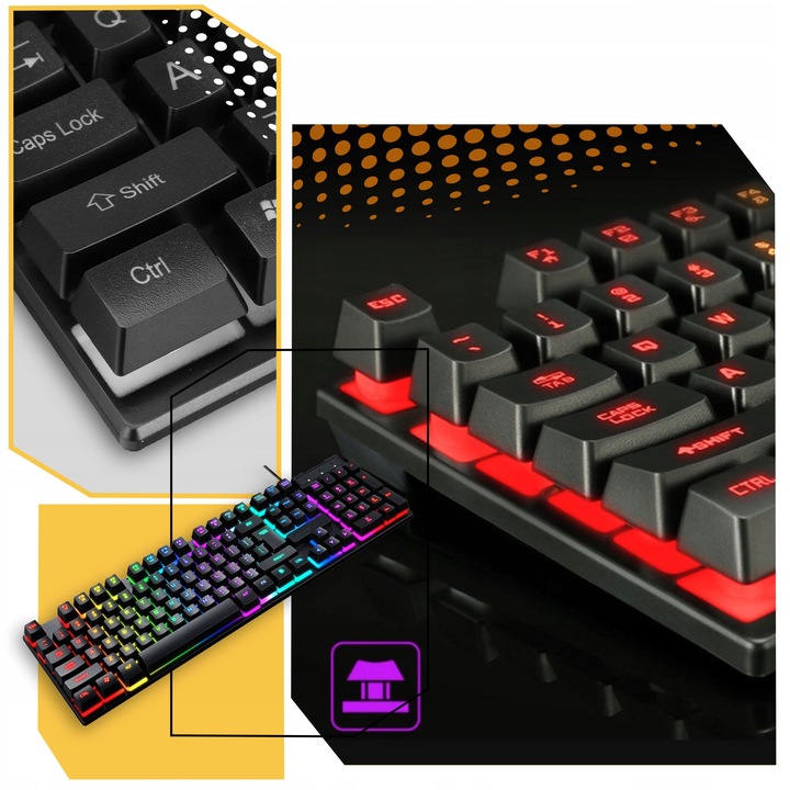 KLAWIATURA DLA GRACZY GAMINGOWA PODŚWIETLANA LED MYSZ MYSZKA ZESTAW Interfejs USB